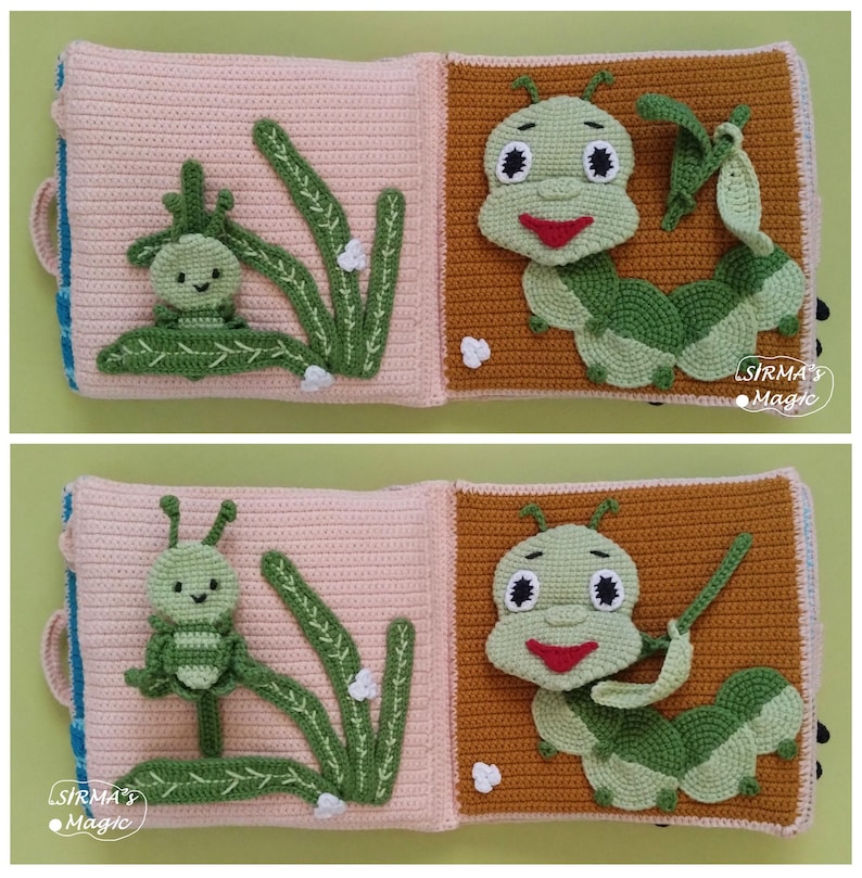 May include: A handmade crochet book for babies featuring a green caterpillar and insect design. The book has a pink and brown color scheme with green accents. The text "SIRMA'S Magic" is visible on the bottom right corner of the book.