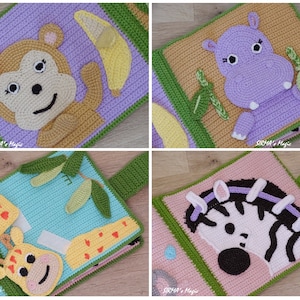 May include: A colourful crocheted baby book with pages featuring a monkey, a hippopotamus, a giraffe, and a zebra. Each page has a different colour background and features a different animal.