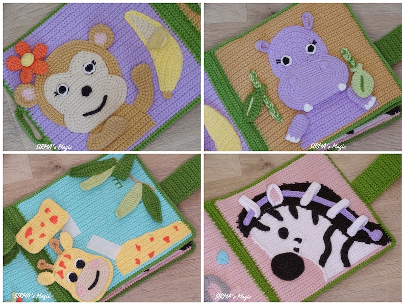 May include: A colourful crocheted baby book with pages featuring a monkey, a hippopotamus, a giraffe, and a zebra. Each page has a different colour background and features a different animal.