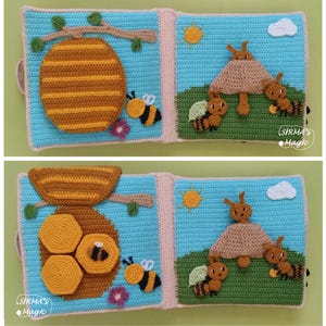 May include: A handmade crochet quiet book with a bee theme. The book features a blue background with a beehive, bees, sun, and clouds. The pages are connected with pink borders and include the text "SIRMA'S Magic".