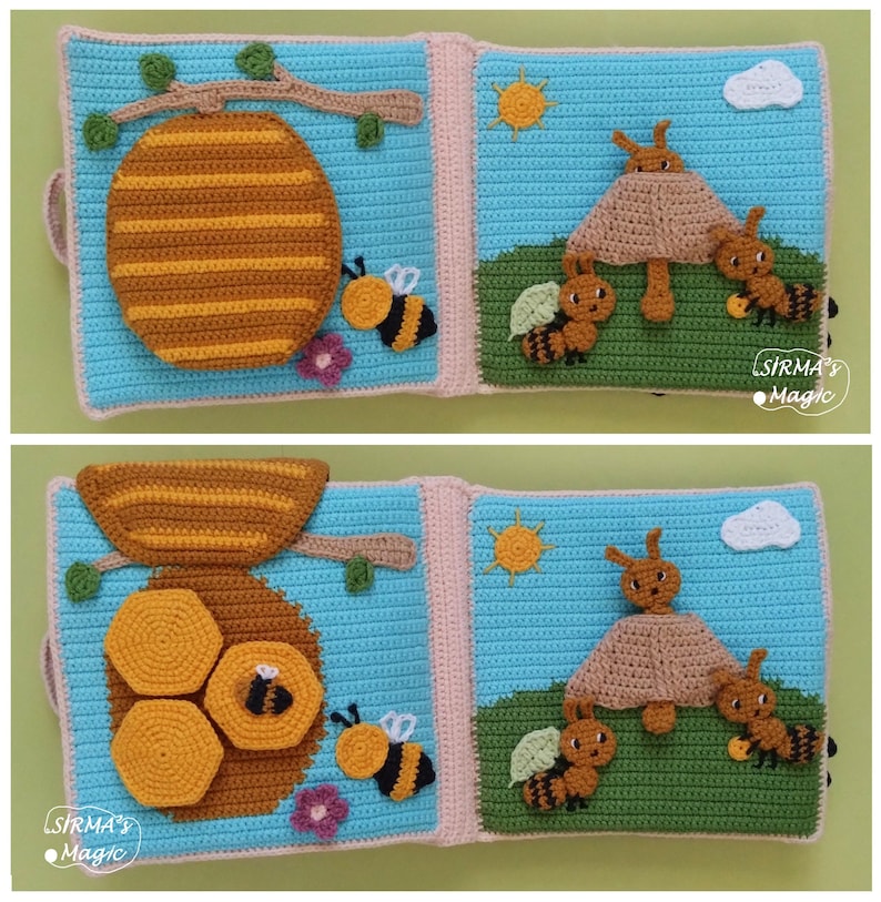 May include: A handmade crochet quiet book with a bee theme. The book features a blue background with a beehive, bees, sun, and clouds. The pages are connected with pink borders and include the text "SIRMA'S Magic".