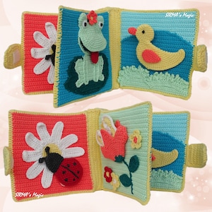 May include: A colorful crocheted baby book with different animal and flower designs. The book has a yellow, green, blue, and red color scheme. The text "SIRMA's Magic" is on the cover.