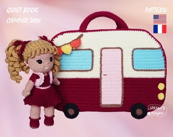 Camper Van Quiet Book with Girl Doll Crochet Pattern - Busy Activity Sensory Book Camper Dollhouse Amigurumi Pattern - English, Français