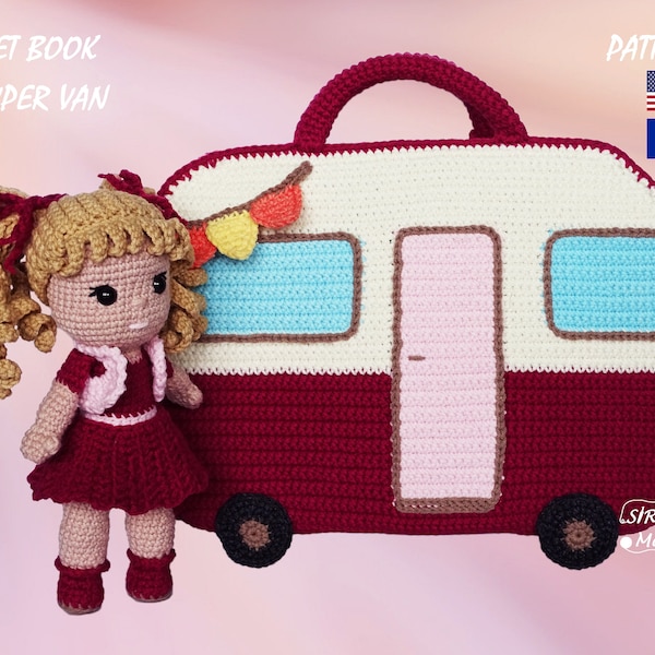 Camper Van Quiet Book with Girl Doll Crochet Pattern - Libro sensorial de actividades ocupadas Camper Dollhouse Amigurumi Pattern - English, Français