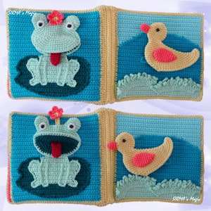 May include: A handmade baby book with a green frog and a yellow duck on each page. The book is made of crocheted fabric and has a bright blue background.