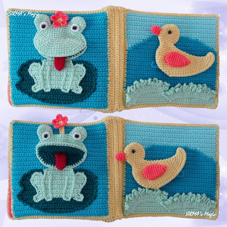 May include: A handmade baby book with a green frog and a yellow duck on each page. The book is made of crocheted fabric and has a bright blue background.