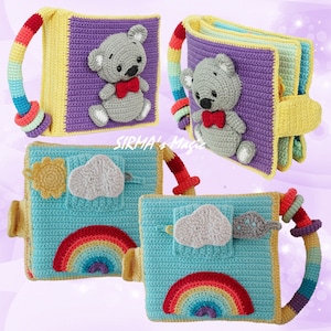May include: A colorful crocheted baby book with a rainbow, cloud, and sun design. The book has a handle and is made of soft, textured yarn.