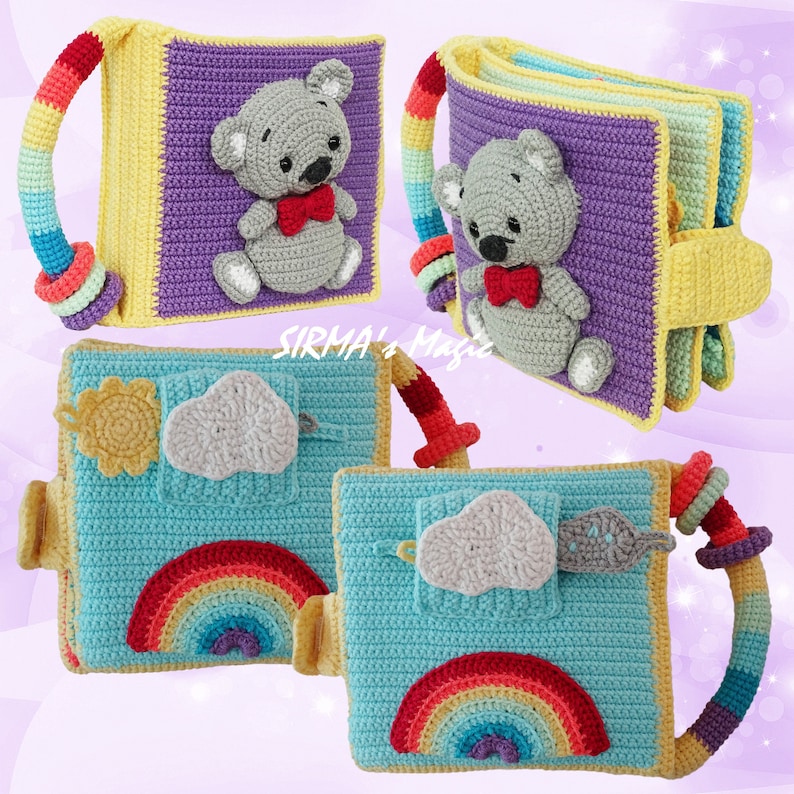 May include: A colorful crocheted baby book with a rainbow, cloud, and sun design. The book has a handle and is made of soft, textured yarn.