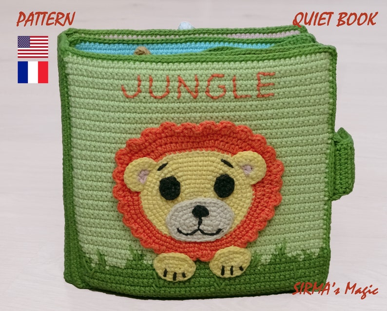 May include: A green crocheted quiet book with a lion on the front page. The book has the word "JUNGLE" written on the front page. The book is made by "SIRMA's Magic".