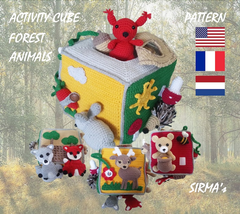 May include: A crocheted activity cube featuring a forest animal theme. The cube has six sides, each with a different animal and activity. The animals include a squirrel, rabbit, deer, hedgehog, fox, and bear. The activities include a zipper, buttons, a rattle, and a mirror. The cube is made in a variety of colours, including green, yellow, red, and brown. The cube is ideal for babies and toddlers to learn and play.