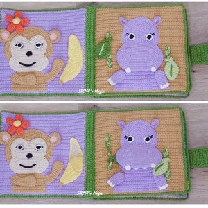 May include: A handmade baby book with a purple and brown monkey, a banana, a purple hippopotamus, and green leaves on each page. The book has a green fabric handle.