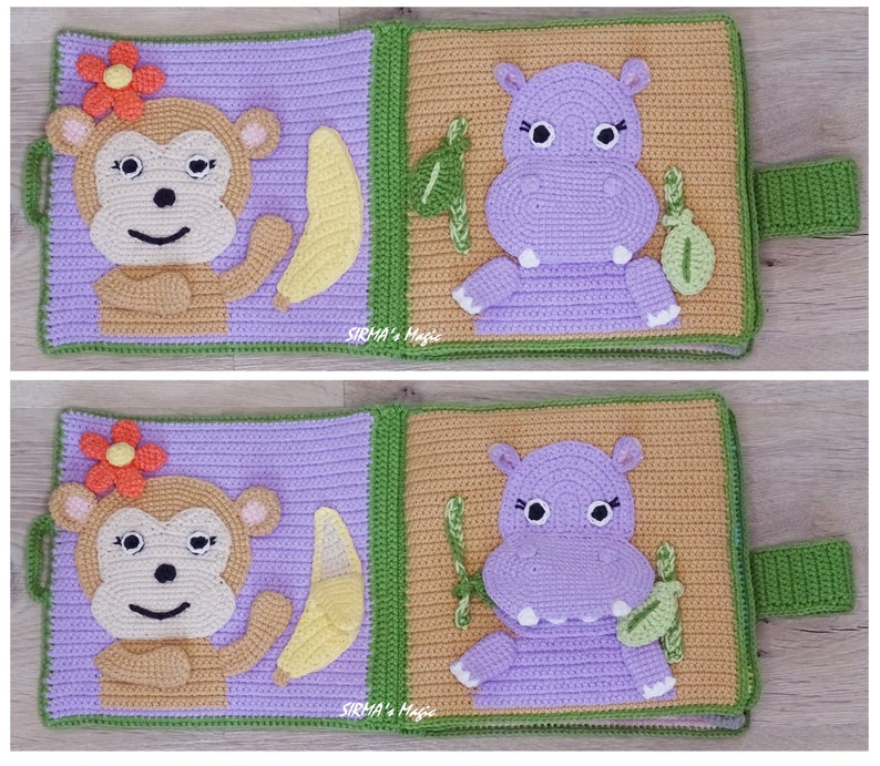 May include: A handmade baby book with a purple and brown monkey, a banana, a purple hippopotamus, and green leaves on each page. The book has a green fabric handle.