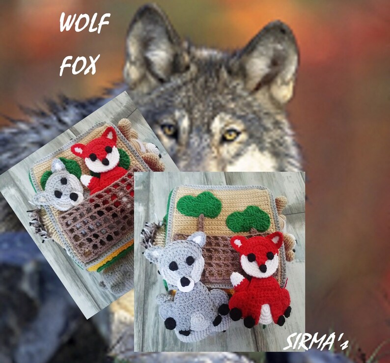 May include: A crocheted baby toy featuring a wolf, fox and bear design. The toy has various textures and colours, including brown, grey, red and green. The toy is labelled "SIRMA's".