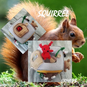 May include: A crocheted toy house with a red squirrel inside. The house has a brown roof, a grey base, and a yellow door. There are other crocheted animals around the house, including a brown bear and a green caterpillar. The word "SQUIRREL" is written in white letters on a green background.