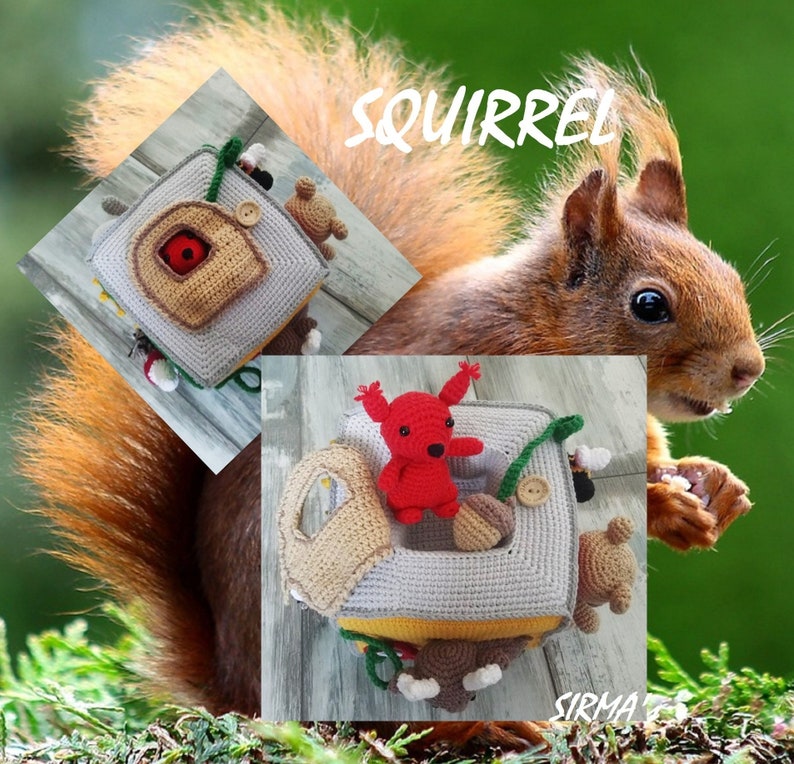 May include: A crocheted toy house with a red squirrel inside. The house has a brown roof, a grey base, and a yellow door. There are other crocheted animals around the house, including a brown bear and a green caterpillar. The word "SQUIRREL" is written in white letters on a green background.