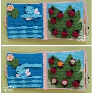 May include: A handmade crochet book with blue, pink, and green pages. One page features a blue dragonfly and a lily pad. The other page has a green leaf with red ladybugs. The book has the text "SIRMA'S Magic".