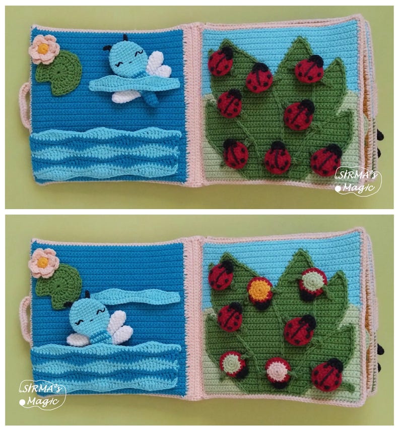 May include: A handmade crochet book with blue, pink, and green pages. One page features a blue dragonfly and a lily pad. The other page has a green leaf with red ladybugs. The book has the text "SIRMA'S Magic".