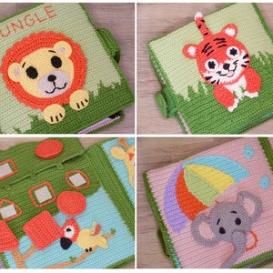 May include: A colourful crocheted baby book with different animal and shape pages. The book features a lion, tiger, elephant, and parrot. The pages are interactive with flaps and hidden shapes.