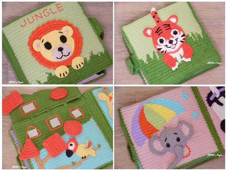 May include: A colourful crocheted baby book with different animal and shape pages. The book features a lion, tiger, elephant, and parrot. The pages are interactive with flaps and hidden shapes.