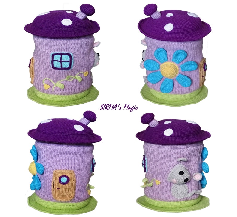 May include: A purple crocheted mushroom-shaped toy storage bin with a flower, a door, and a window. The bin has a green base and white polka dots on the top.