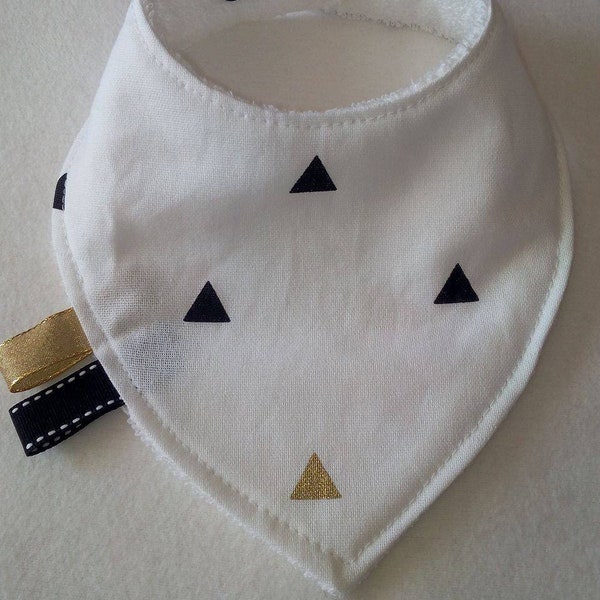 Bavoir bandana blanc triangles dorés et noirs fait mains pour bébé / enfant de 0 à 6 mois