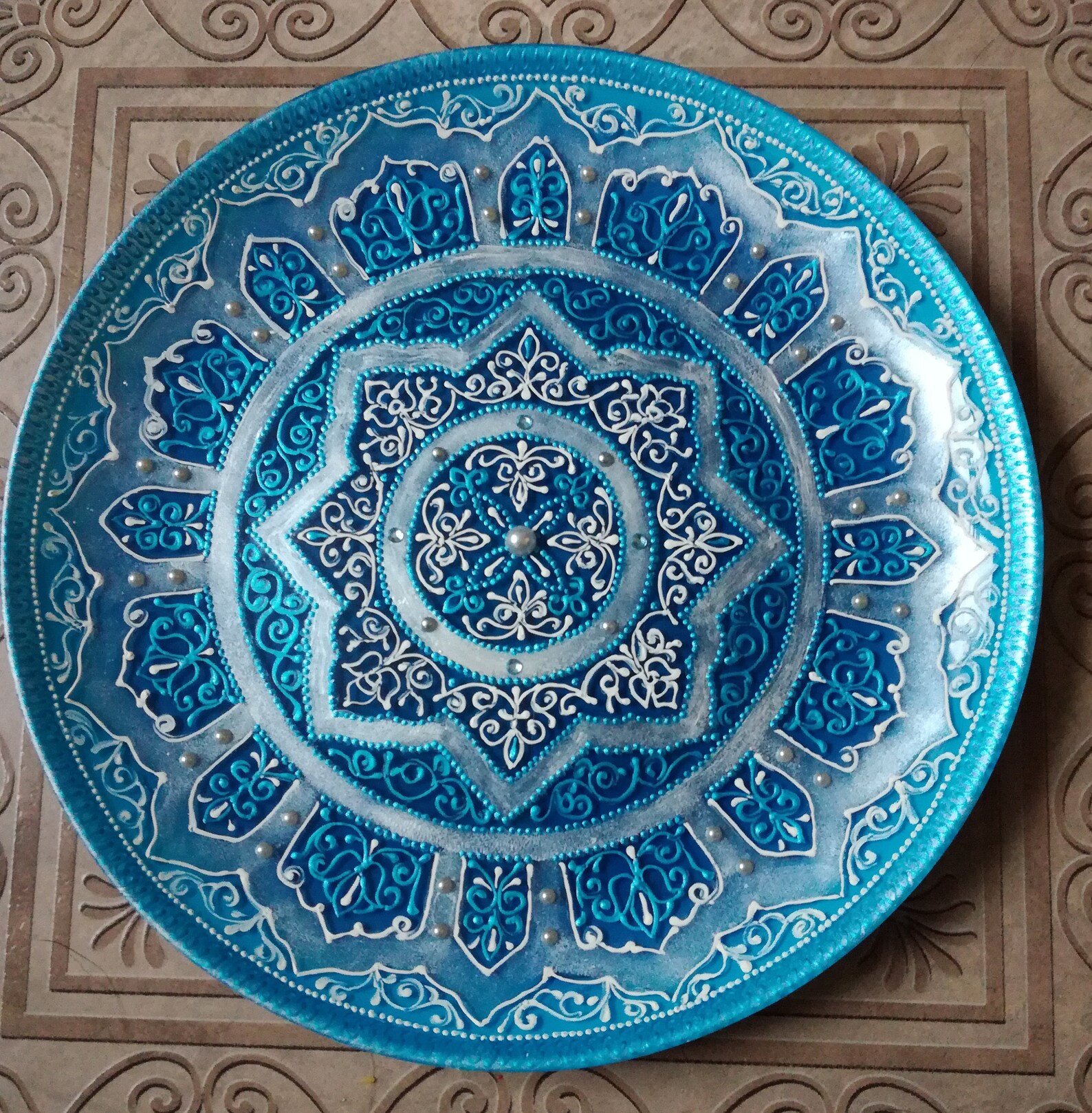 Ceramic wall art Blue mandala plates Round blue decorative Etsy