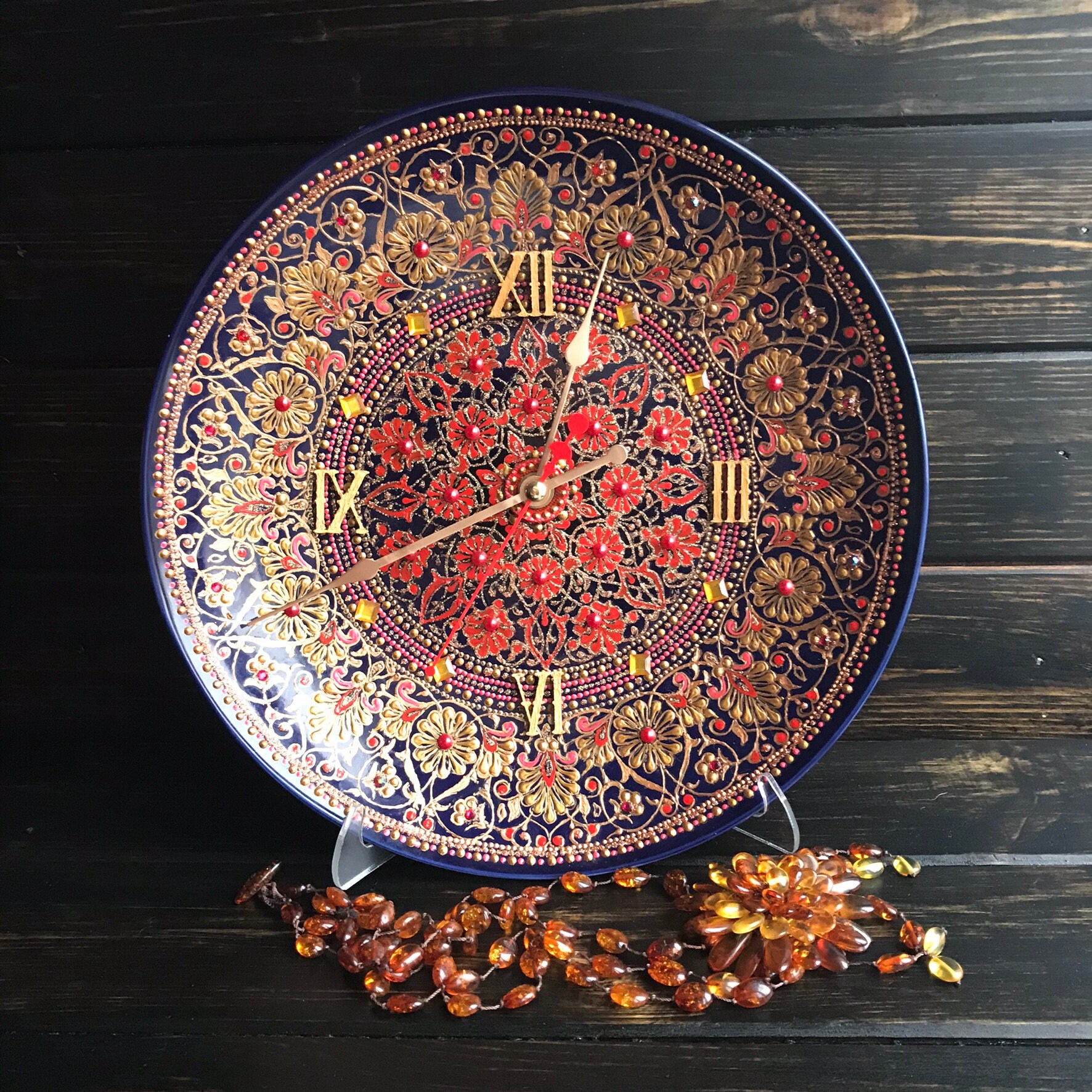 Hand painted clock Clock Dot Painting Wall Clock Red clock Etsy