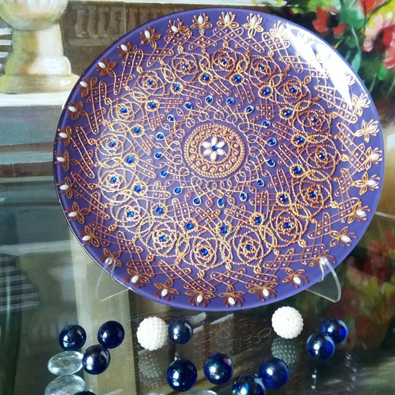 Glass Round Purple Decorative Plate Porcelain Wall Art Guest Etsy