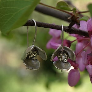 Botanical earrings, sterling silver earrings, nature earrings, silver dangle earrings, flower jewelry, bronze earrings, gift for her