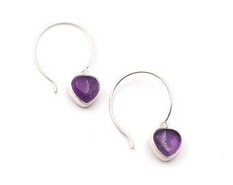 Sterling Silver Heart Earrings, Heart-Shaped Hoop Earrings, Amethyst Earrings, Heart Amethyst Earrings, Romantic Earrings