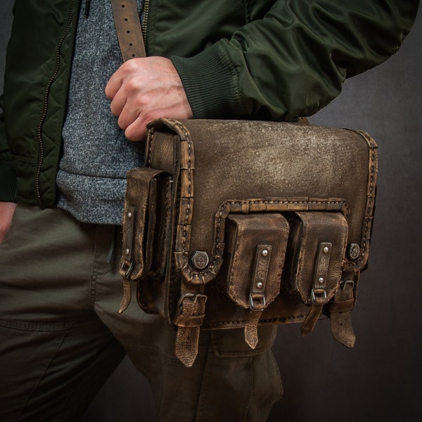 Post-apocalyptic Shoulder Bag -  Leather Messenger Bag - Canvas & Leather Bag - Durable Shoulder Bag - Distressed Leather Bag