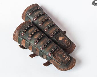 Pair of Wasteland Warrior Vambraces - Leather Forearm Guards - Bicycle Chain Bracers - Nomadic Vambraces - Leather Protectors - LARP Bracers