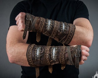 Leather Bracers – Post-Apocalyptic Vambraces, Steel & Hand Wrap Armor - Set of Two