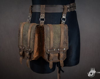 Handmade Leather Canvas Hip Double Bag Set – Post-Apocalyptic Wasteland Style