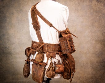 Leather Herbalist belt set with book, wax tablet and a decorative prop tobacco pipe - Postapocalyptic belt with a set of bags - Utility Belt