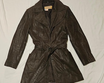 Brown Leather Belted Jacket, Y2K (Size Small)
