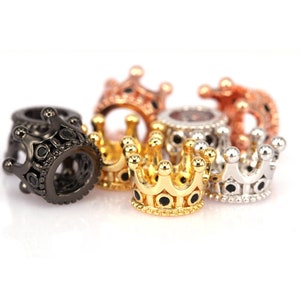 2 cuentas de corona, cuentas de micropavé Nami negro/cuentas de circonita cúbica negra, cuentas de corona pavé, dijes para pulsera de hombre