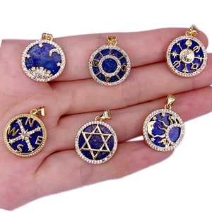 Collier rond en lapis-lazuli de luxe pendentif étoile de David boussole lune pendentif charme accessoires laiton incrusté de Zircon bijoux en pierre naturelle