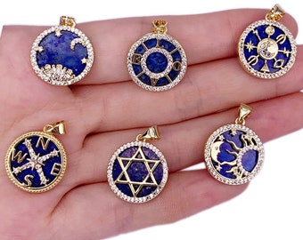 Luxury Lapis Lazuli Round Necklace Pendant Star Of David Compass Moon Pendant Charm Accessories Brass Inlaid Zircon Natural Stone Jewelry