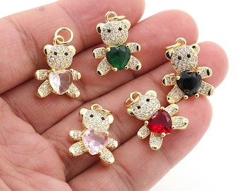 Colgante de oso de lujo en oro de 18 quilates, accesorios de cobre con micro pavé de circonitas cúbicas de colores, colgante de collar de osos estilo hip hop para la creación de joyas DIY.