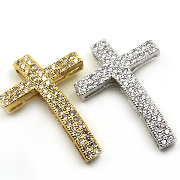 2pcs Cross pendant Jewelry Accessories,  Brass inlaid Clear Cubic Zirconia Pendant , DIY Jewelry Making Micro Pave connector/link findings,