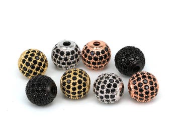 2PCS 10mm Round ball bead Micro Paved Beads,Black Cubic Zirconia CZ beads,Women Bracelet Charms Spacers Black Stone Beads