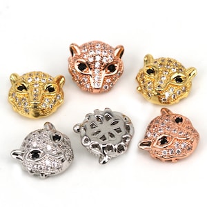 2pcs Leopard Head Bead, Gold Cheetah Beads, Leopard Head Bead, CZ Micro Pave Beads, Leopard Beads, Animal Beads, DIY Jewelry Findings