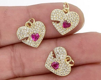 2 colgantes de corazón con circonita cúbica incrustada en cobre, oro de 18 quilates, accesorios para hacer joyas DIY.