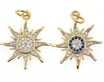 2 pezzi di ciondolo a forma di sole alla moda, in ottone, con zirconi cubici, design a forma di sole, accessori per la creazione di gioielli fai da te.