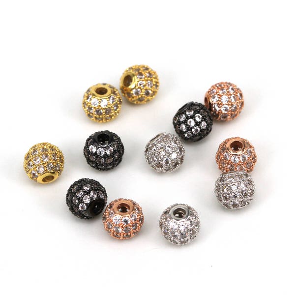 2PCS 6mm Round ball bead Micro Paved Beads,Clear Cubic Zirconia CZ beads,Women Bracelet Charms Spacers Clear Stone Beads