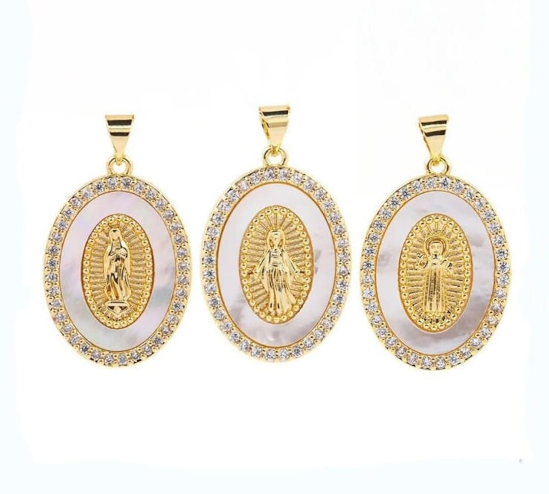 Oval Jesus Virgin Mary Necklace Pendant Jewelry Gold Brass Pave CZ ...