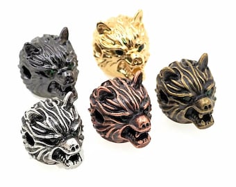 2PCS Wolf Head Spacer Beads Jewelry Brass Antique Bronze Silver Color Metal Lanyard Bead Accessories For DIY Bracelet Paracord Jewelry