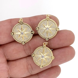Dainty 18K Gold Compass Pendant Jewelry Charm Accessories Gold Compass Brass With Cubic Zirconia Necklace Pendant For DIY Jewelry Supply
