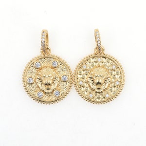 2pcs 18K Gold Round Lion Necklace Pendant Copper Pave Cubic Zircon Medal Charm Pendant Accessories  Original Pendant DIY Jewelry Making